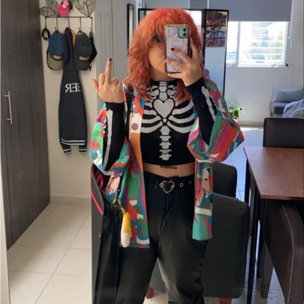 Reflective Skeleton Bones Heart Black Sheer Mesh Long Sleeve Cropped Shirt Top - Picture 3 of 12